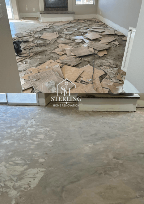 interior demolition of flooring, tiles, wall coverings (backsplashes), and other outdated interior finishes